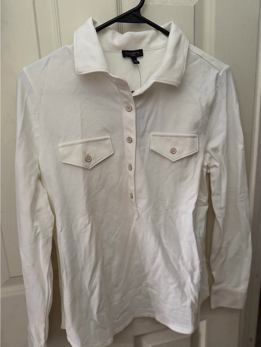Talbots White Long-Sleeve Polo with Chest Flap Pockets